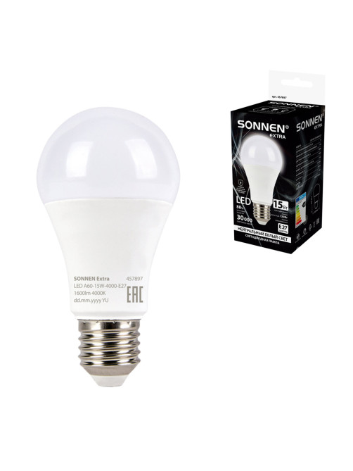 Лампа светодиодная SONNEN EXTRA, 15 (130) Вт, Е27, груша, нейтральный белый, 30000 ч, LED A60-15W-4000-Е27, 457897