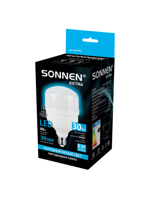 Лампа светодиодная SONNEN EXTRA, 30 (250) Вт, Е27, цилиндр, холодный белый, 30000 ч, LED Т100-30W-6500-Е27, 457916