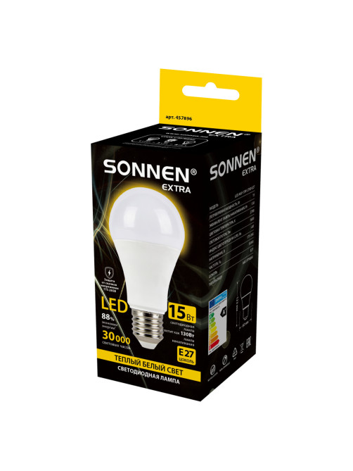 Лампа светодиодная SONNEN EXTRA, 15 (130) Вт, Е27, груша, теплый белый, 30000 ч, LED A60-15W-2700-Е27, 457896