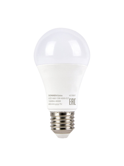 Лампа светодиодная SONNEN EXTRA, 15 (130) Вт, Е27, груша, нейтральный белый, 30000 ч, LED A60-15W-4000-Е27, 457897