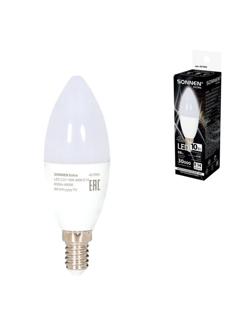 Лампа светодиодная SONNEN EXTRA, 10 (85) Вт, Е14, свеча, нейтральный белый, 30000 ч, LED C37-10W-4000-Е14, 457905