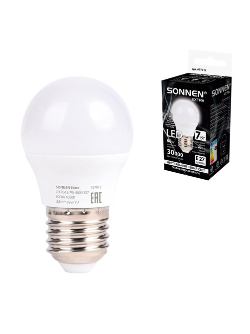 Лампа светодиодная SONNEN EXTRA, 7 (60) Вт, E27, шар, нейтральный белый, 30000 ч, LED G45-7W-4000-Е27, 457912