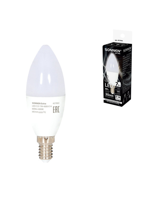 Лампа светодиодная SONNEN EXTRA, 7 (60) Вт, Е14, свеча, нейтральный белый, 30000 ч, LED C37-7W-4000-Е14, 457903