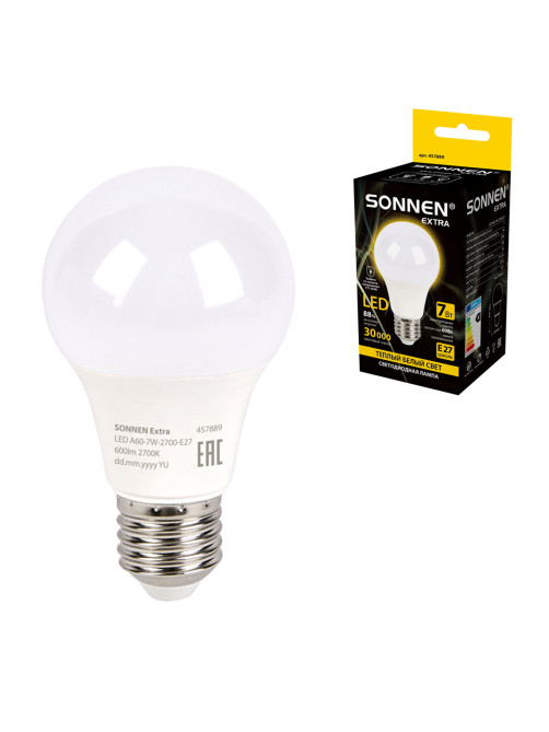 Лампа светодиодная SONNEN EXTRA, 7 (60) Вт, Е27, груша, теплый белый, 30000 ч, LED A60-7W-2700-Е27, 457889
