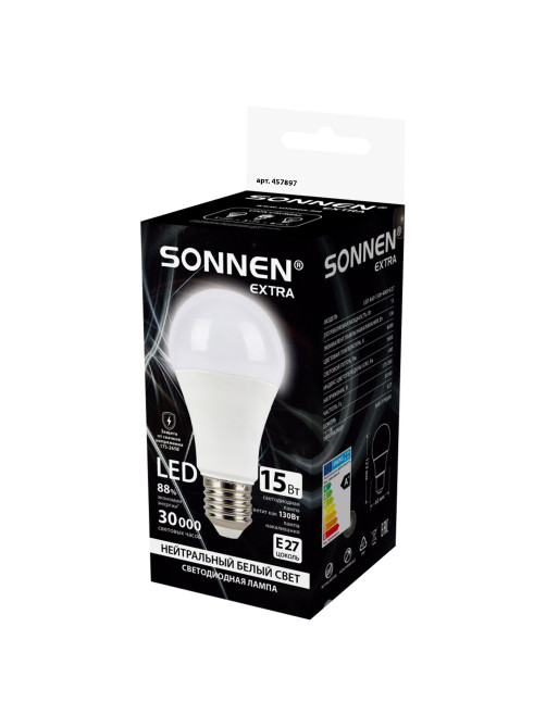 Лампа светодиодная SONNEN EXTRA, 15 (130) Вт, Е27, груша, нейтральный белый, 30000 ч, LED A60-15W-4000-Е27, 457897