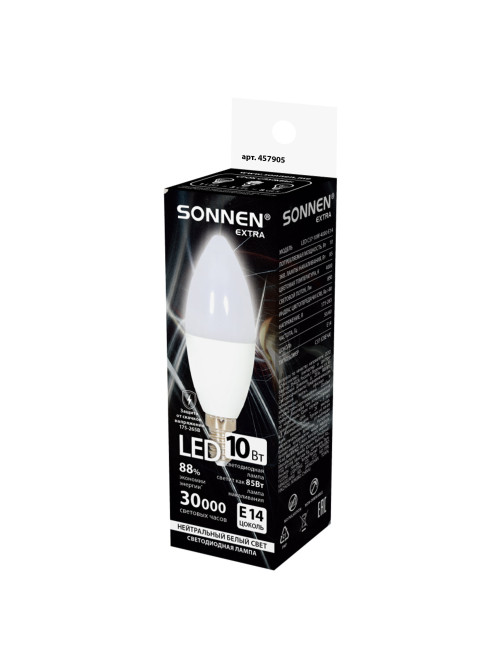 Лампа светодиодная SONNEN EXTRA, 10 (85) Вт, Е14, свеча, нейтральный белый, 30000 ч, LED C37-10W-4000-Е14, 457905