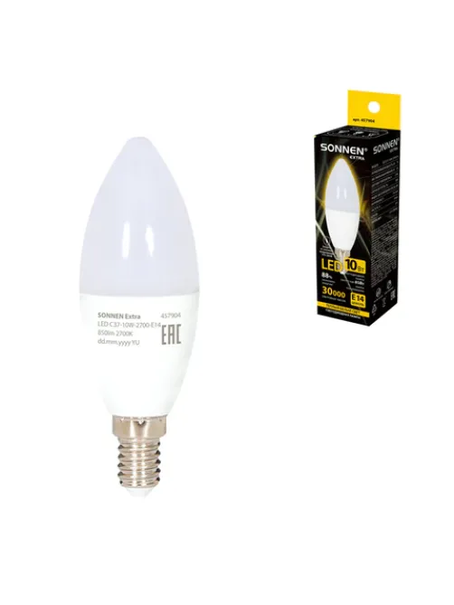 Лампа светодиодная SONNEN EXTRA, 10 (85) Вт, Е14, свеча, теплый белый, 30000 ч, LED C37-10W-2700-Е14, 457904