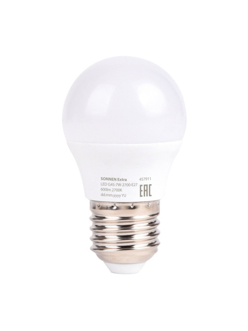 Лампа светодиодная SONNEN EXTRA, 7 (60) Вт, E27, шар, теплый белый, 30000 ч, LED G45-7W-2700-Е27, 457911