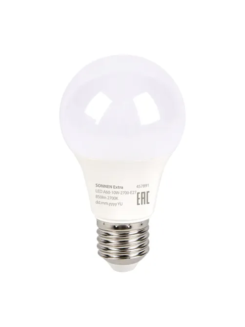 Лампа светодиодная SONNEN EXTRA, 10 (85) Вт, Е27, груша, теплый белый, 30000 ч, LED A60-10W-2700-Е27, 457891