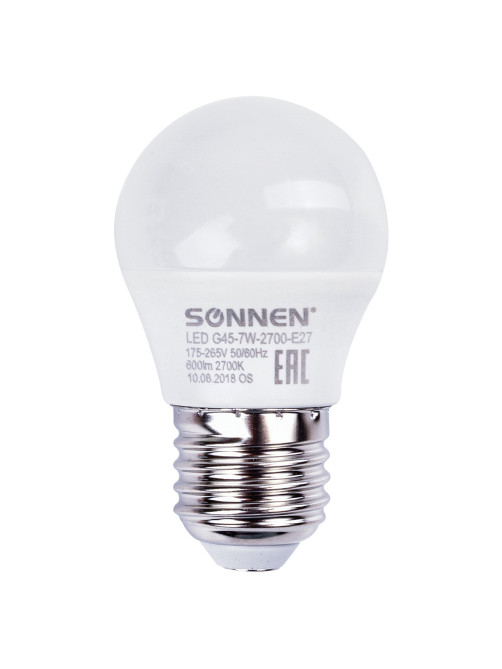 Лампа светодиодная SONNEN, 7 (60) Вт, цоколь E27, шар, теплый белый свет, 30000 ч, LED G45-7W-2700-E27, 453703