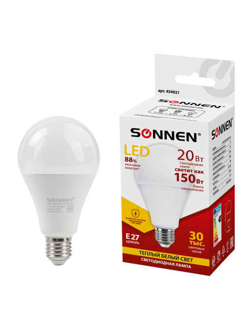 Лампа светодиодная SONNEN, 20 (150) Вт, цоколь Е27, груша, теплый белый, 30000 ч, LED A80-20W-2700-E27, 454921