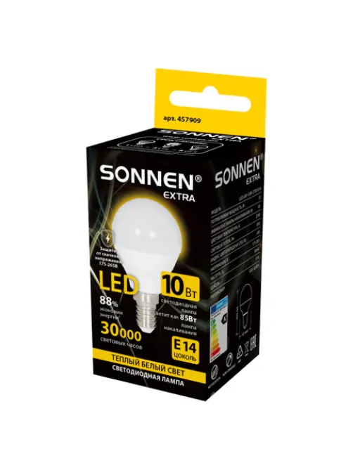 Лампа светодиодная SONNEN EXTRA, 10 (85) Вт, E14, шар, теплый белый, 30000 ч, LED G45-10W-2700-Е14, 457909