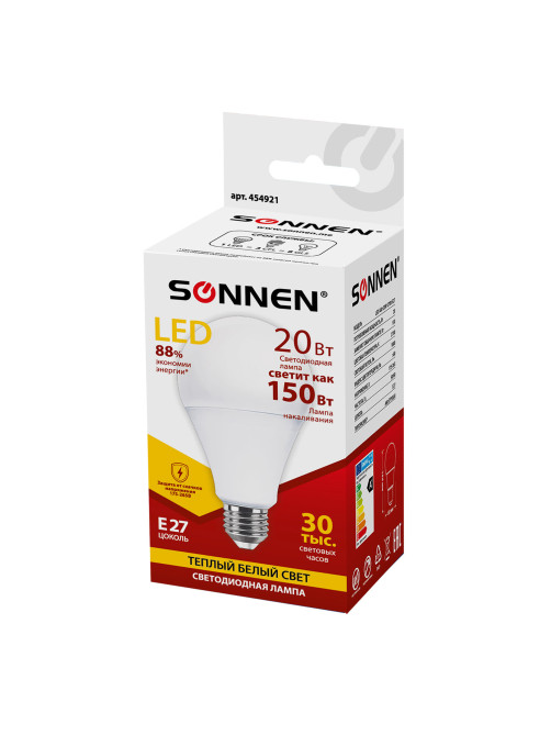 Лампа светодиодная SONNEN, 20 (150) Вт, цоколь Е27, груша, теплый белый, 30000 ч, LED A80-20W-2700-E27, 454921
