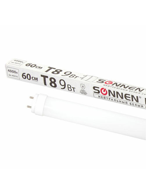 Лампа-трубка светодиодная SONNEN, 9 Вт, 30000 ч, 60 см, нейтральный белый (аналог 18 Вт люминесцентной лампы), LED T8-9W-4000-G13, 453715