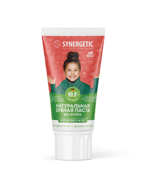 Зубная паста детская 50 г, SYNERGETIC, клубничка и банан, от 3 до 6 лет (красная), 201010