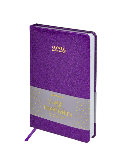Ежедневник датированный 2026 А5 138x213 мм BRAUBERG Sparkle, под кожу, блестки, фиолетовый, 117438
