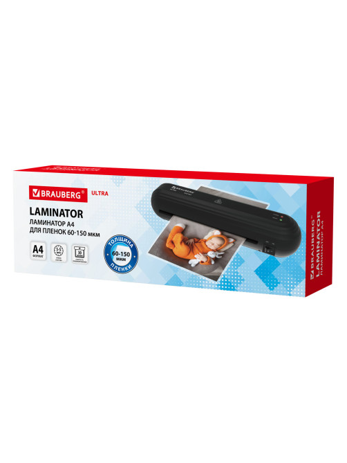 Ламинатор BRAUBERG ULTRA PM235B, ЧЕРНЫЙ, формат A4, толщина пленки 60-150 мкм, скорость 30 см/мин, 532183