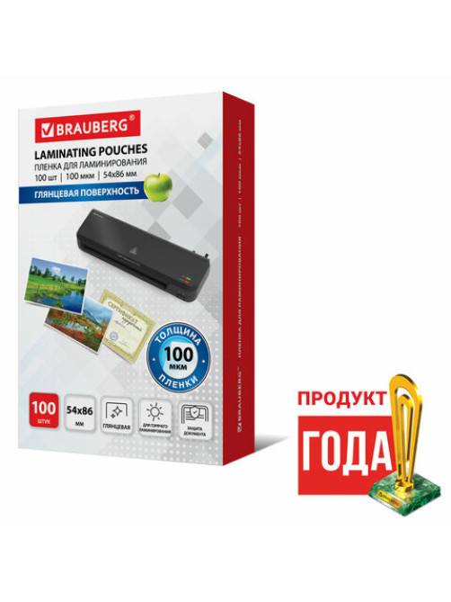Пленки-заготовки для ламинирования МАЛОГО ФОРМАТА (54х86 мм), КОМПЛЕКТ 100 шт., 100 мкм, BRAUBERG, 530904