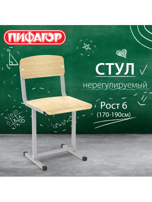 Стул ученический, нерегулируемый ПИФАГОР SC-1, 380х380х790 мм, рост 6 (170-190 см), серый каркас, фанера, 533348