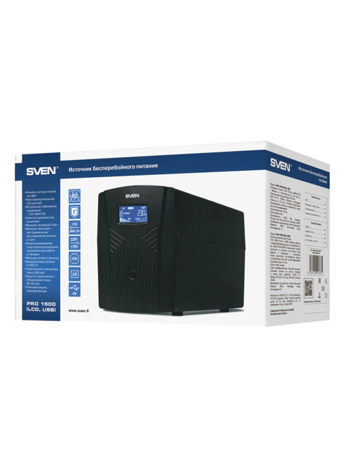 Источник бесперебойного питания SVEN Pro 1500, 1500VA (900W), 3 евророзетки, 2 розетки RJ45, SV-013875