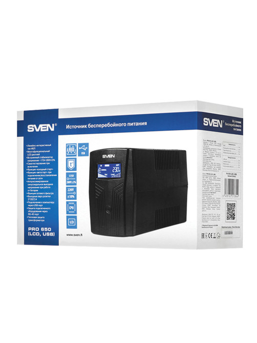 Источник бесперебойного питания SVEN Pro 650, 650VA (390W), 2 евророзетки, 2 розетки RJ45, SV-013844