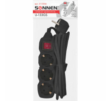 Удлинитель сетевой SONNEN U-133GS, 3 розетки, c заземлением, выключатель, 10 А, 3 м, черный, 513266