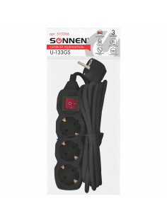 Удлинитель сетевой SONNEN U-133GS, 3 розетки, c заземлением, выключатель, 10 А, 3 м, черный, 513266