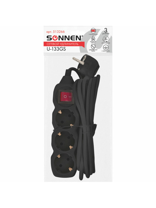 Удлинитель сетевой SONNEN U-133GS, 3 розетки, c заземлением, выключатель, 10 А, 3 м, черный, 513266