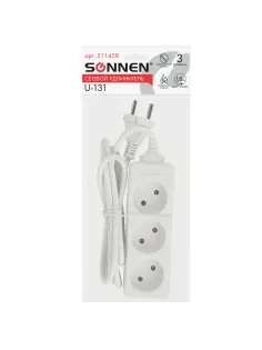 Удлинитель сетевой SONNEN U-131, 3 розетки, без заземления, 6 А, 1,8 м, белый, 511428