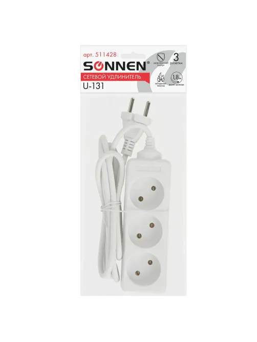 Удлинитель сетевой SONNEN U-131, 3 розетки, без заземления, 6 А, 1,8 м, белый, 511428