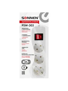 Удлинитель сетевой SONNEN PSW-303, 3 розетки c заземлением, выключатель 10 А, 3 м, белый, 513660