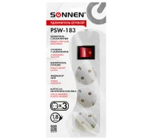Удлинитель сетевой SONNEN PSW-183, 3 розетки c заземлением, выключатель 10 А, 1,8 м, белый, 513659