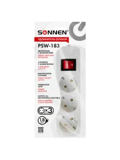 Удлинитель сетевой SONNEN PSW-183, 3 розетки c заземлением, выключатель 10 А, 1,8 м, белый, 513659