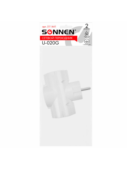 Сетевой разветвитель SONNEN U-030G, 3 розетки, с заземлением, 16 А, белый, 511441