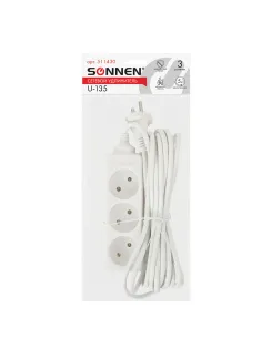 Удлинитель сетевой SONNEN U-135, 3 розетки, без заземления, 6 А, 5 м, белый, 511430