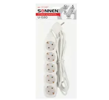 Удлинитель сетевой SONNEN U-155G, 5 розеток, c заземлением, 10 А, 5 м, белый, 511437