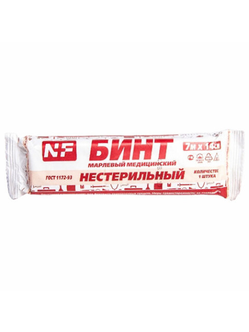Бинт марлевый нестерильный 14 см х 7 м, плотность 32 (±2) г/м2, индивидуальная упаковка, NF