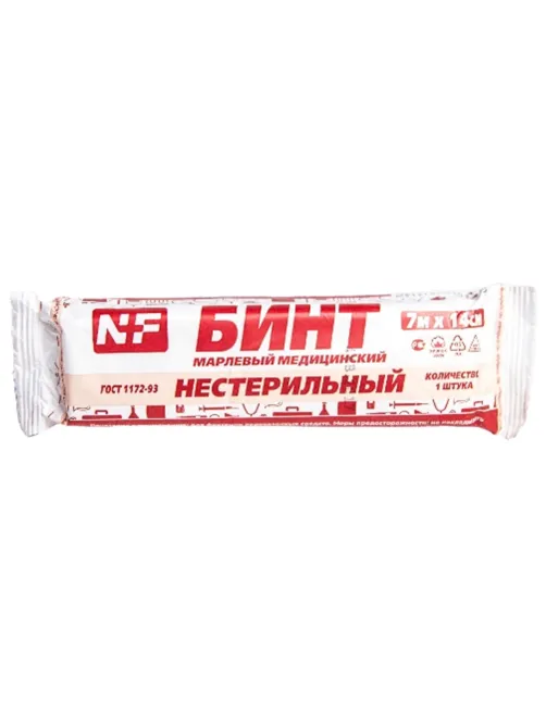 Бинт марлевый нестерильный 14 см х 7 м, плотность 32 (±2) г/м2, индивидуальная упаковка, NF