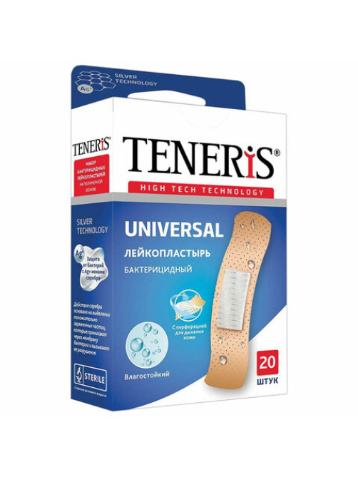 Набор пластырей 20 шт. TENERIS UNIVERSAL универсальный на полимерной основе, бактерицидный с ионами серебра, коробка с европодвесом, 0208-006