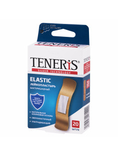 Набор пластырей 20 шт. TENERIS ELASTIC, эластичный, на тканевой основе, бактерицидный с ионами серебра, коробка с европодвесом, 0208-029