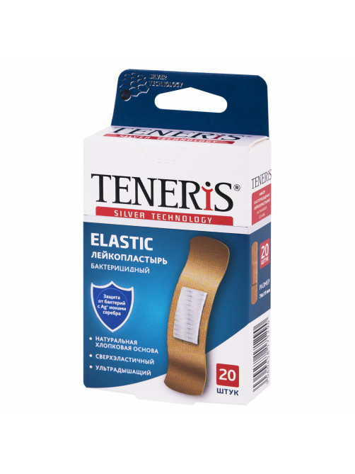 Набор пластырей 20 шт. TENERIS ELASTIC, эластичный, на тканевой основе, бактерицидный с ионами серебра, коробка с европодвесом, 0208-029