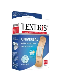 Набор пластырей 20 шт. TENERIS UNIVERSAL универсальный на полимерной основе, бактерицидный с ионами серебра, коробка с европодвесом, 0208-006