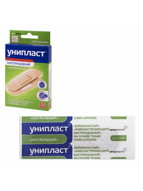 Набор лейкопластырей бактерицидных 20 шт., УНИПЛАСТ, 1,9х7,2 см, натуральные, 20024374