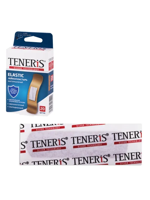 Набор пластырей 20 шт. TENERIS ELASTIC, эластичный, на тканевой основе, бактерицидный с ионами серебра, коробка с европодвесом, 0208-029