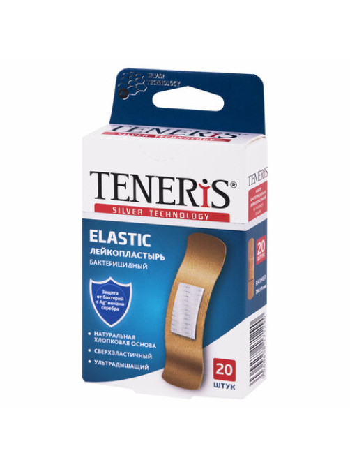 Набор пластырей 20 шт. TENERIS ELASTIC, эластичный, на тканевой основе, бактерицидный с ионами серебра, коробка с европодвесом, 0208-029