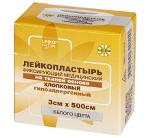 Лейкопластырь медицинский фиксирующий в рулоне LEIKO 3х500 см, на тканевой основе, белого цвета, в картонной коробке, 531228