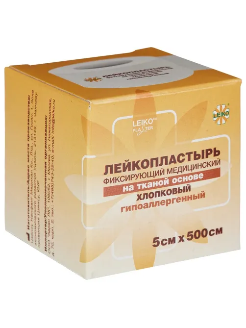Лейкопластырь рулонный LEIKO 5х500 см, тканевая основа, белый, картонная коробка, 531220