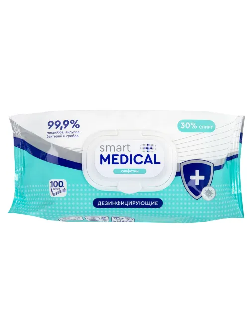 Дезинфицирующие салфетки спиртовые 100 штук SMART MEDICAL, крышка-клапан, 72029