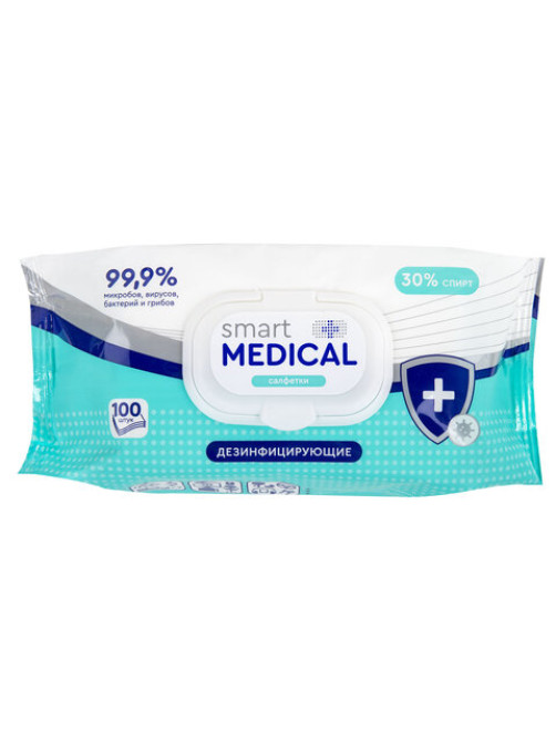 Дезинфицирующие салфетки спиртовые 100 штук SMART MEDICAL, крышка-клапан, 72029