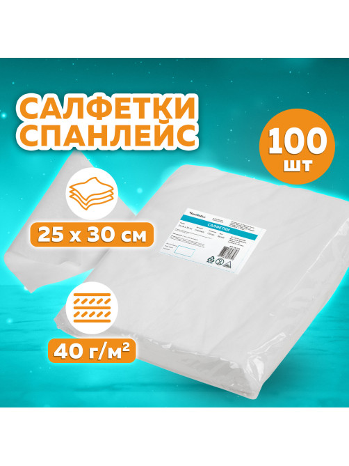 Салфетка одноразовая белая 25х30 см, КОМПЛЕКТ 100 шт., спанлейс, 40 г/м2, ЧИСТОВЬЕ, 00-146